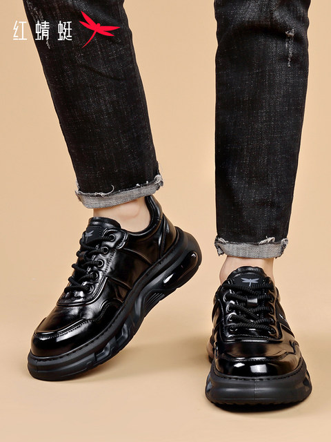 Red Dragonfly 2025 new men's shoes genuine leather air-cushion casual leather shoes British thick sole plus velvet versatile trendy shoes for men