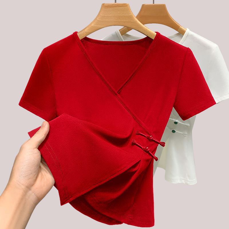 Chinese-Style Women's Clothing, High-End Red T-Shirt for Women, 2026 Summer New Style, Waist-Cinching, Slimming, Button-Up Top