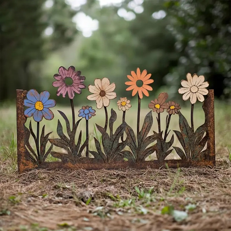 Pastoral Style Flower Inserts, Fresh Rust-Colored Flower and Grass Decorations, Creative Garden Fence, Gardening Courtyard Decoration Fence