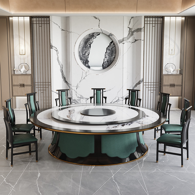 Solid wood slate marble electric dining table light luxury slate large round table 20 people club automatic rotating banquet table - Taobao