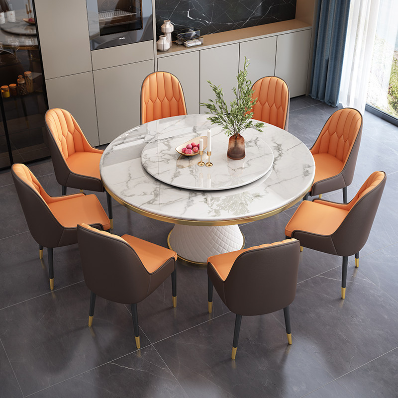 Modern light lavish marble dining table and chairs combined with turntable stainless steel titanium alloy dining table for home 8 people round table