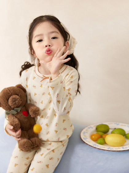 小O宝Okids童装宝宝家居服套装女撞色蝴蝶结2025春季婴儿花边睡衣