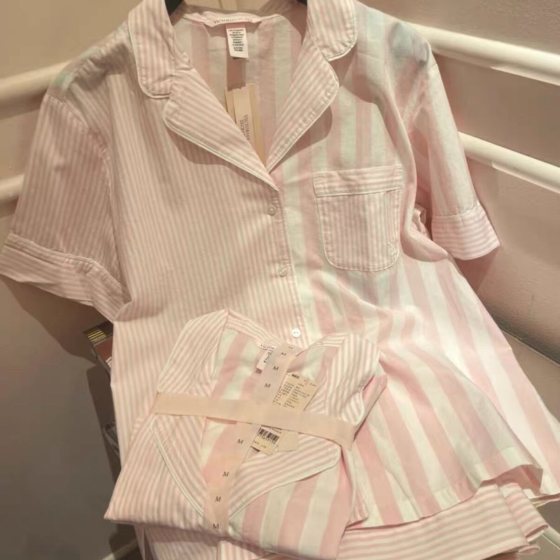 Victoria's Secret Pure Cotton Pajamas, Home Wear, Short-Sleeved Shorts Set, Comfortable, Loose, Slimming, Striped
