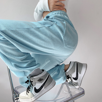 女士春夏高腰阔腿裤baby蓝运动裤卫裤