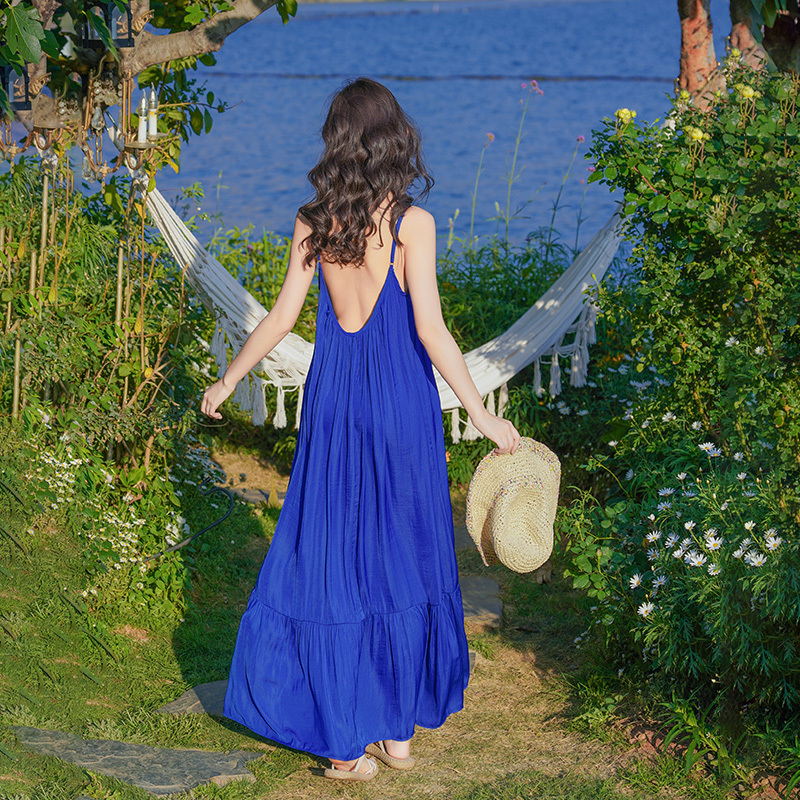 Sanya Photo Shoot Beach Dress, High-End, Sexy, Backless Long Dress, Super Fairy-Like, Seaside Vacation Klein Blue Dress, Summer