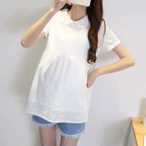 Pregnant womens shirt summer new short sleeve doll collar shirt fashion cotton large size loose lapel white work clothes