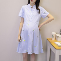 Pregnant women dress summer short sleeve long striped small flower embroidered skirt Korean large size loose fashion shirt skirt