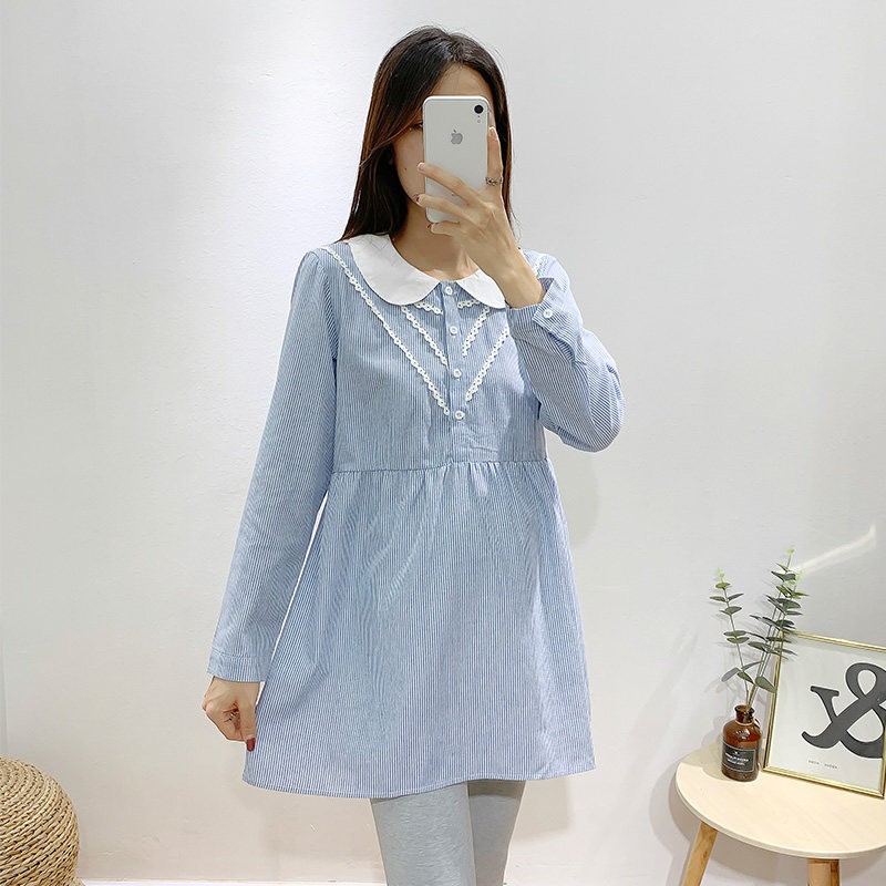 Maternity skirt autumn new long-sleeved striped doll collar mid-length shirt Korean version large size loose lace-up dress