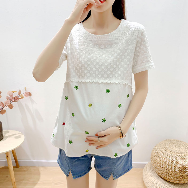 Pregnant women's T - shirt 2023 summer new short - sleeved fashion large - yard loose and long - range cotton - small cotton blouse