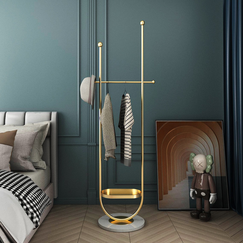 Simple modern clothes and hat rack floor-to-ceiling bedroom entrance home hanging clothes rack light luxury wrought iron marble hanging hanger