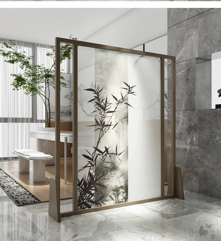 Vách ngăn phong cách Trung Quốc mới phòng khách văn phòng khách sạn hiện đại đơn giản lối vào sảnh di động tre Zen màn hình ghế gỗ nguyên khối