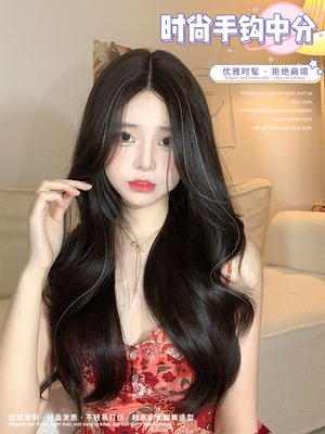 taobao agent 一口喵 Women's long hairless marks Naturally large rolls Divided into front lace hand weaving net red eight characters bangs bangs full head wigs
