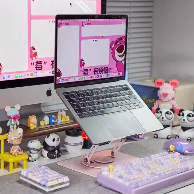 Deer-Themed Pink Notebook Rotating Stand, Fashionable Girly Pink 720 ° Rotating 7-Level Angle and Height Adjustment, Foldable and Portable Laptop Stand, Cooling Aluminum Alloy Elevated Base