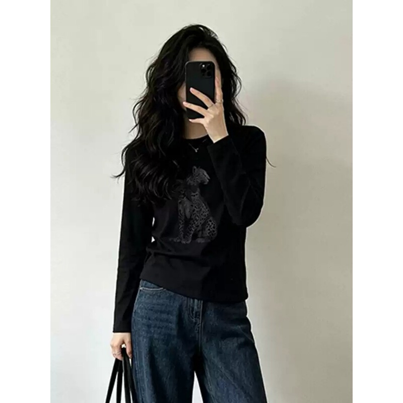Vintage Cheetah Print Long Sleeve T-Shirt for Women 2026 Autumn/Winter Plus Size Tummy-Covering Slimming Round Neck Casual Top