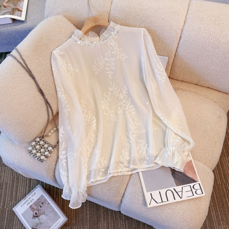 Французское кружево, вышивка, расшитая блестками шифоновая рубашка с деревянными ушками, женская весенняя новинка 2026 года, большой размер, толстый мм, низ рубашки, топ