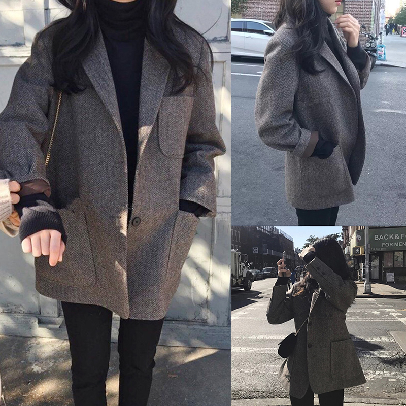 Small suit jacket female autumn and winter retro herringbone pattern Korean version loose quilted woolen short gray suit