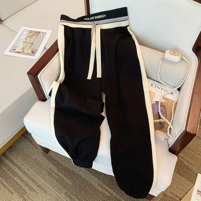 Black striped sports pants women's autumn and winter small loose slim plus velvet thickened high waist casual pants