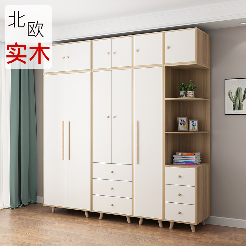 Solid wooden wardrobe modern simple Nordic push door wooden assembly household bedroom combination overall coat cabinet