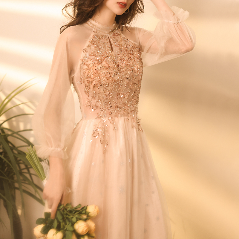 Champagne-Colored Petite Luxury Evening Gown for Hostess, High-End Bridesmaid Dress, Art Exam Engagement Dress