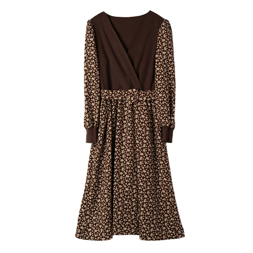 EF Осенний вельветовый корсет, платье, трикотажная юбка, яркий броский стиль, французский стиль, V-образный вырез, цветочный принт