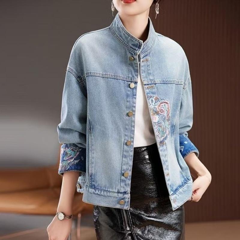 Spring and Autumn Denim Jacket for Women, New Versatile New Chinese Style Light National Style Stand Collar Top, Fashionable and High-End Embroidered Jacket Spring and Autumn Denim Jacket for Women, New Versatile New Chinese Style Light National Style Stand Collar Top, Fashionable and High-End Embroidered Jacket