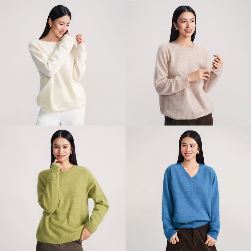 Bright-Colored Wool Brushed Seamless One-Piece V-Neck/Round-Neck Sweater, Mixed with Mulberry Silk, Delicate and Fluffy, Available in Multiple Colors