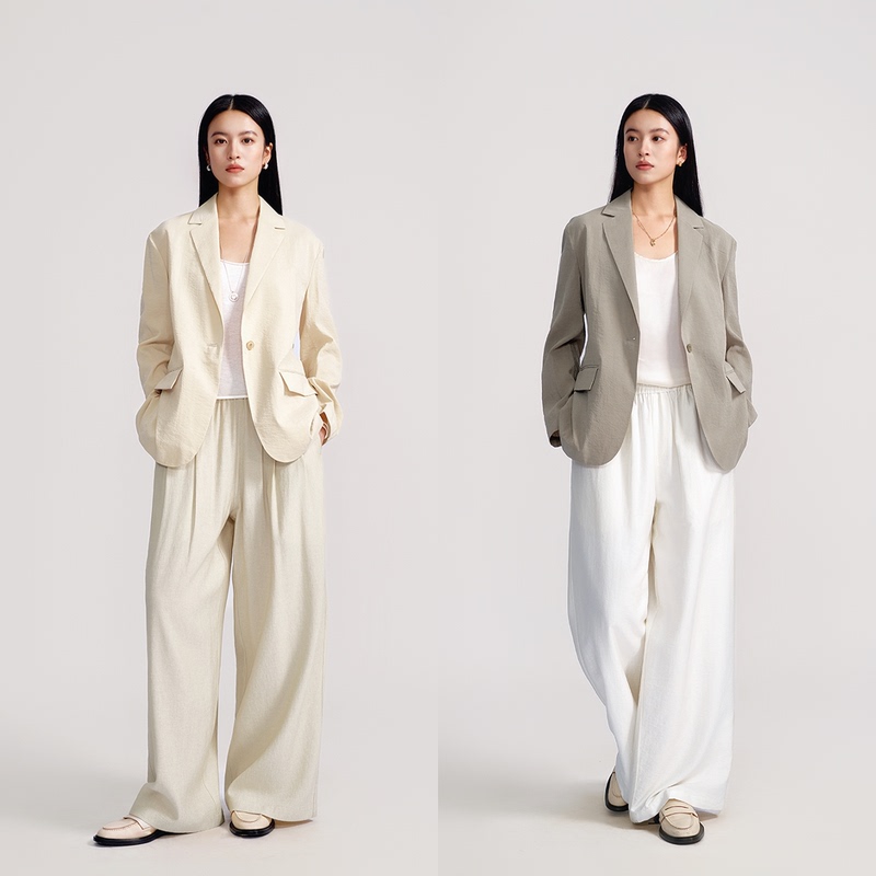 Silk Lightweight Waist-Tie Paper-Textured Blazer, Dry Silk Slightly Wrinkled Texture, Notched Lapel Silhouette, Women's Jacket, 2 Colors