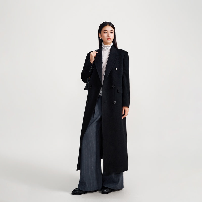 【Power Coat】Cashmere Wool Fine-Spun Double-Breasted Long Coat, Minimalist Tailoring, Natural Shoulder Pads 【Power Coat】Cashmere Wool Fine-Spun Double-Breasted Long Coat, Minimalist Tailoring, Natural Shoulder Pads