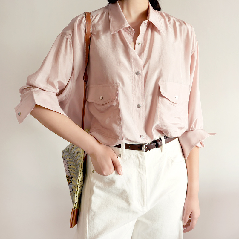 Nuancy New Mulberry Silk Cold-Dyed Electric-Spun Snap-Button Drop-Shoulder Long-Sleeve Sweet-Cool Lapel Shirt