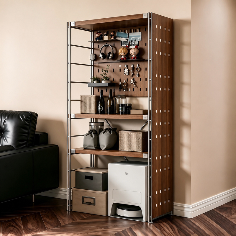 Hollow-Type Storage Rack with Vintage Style Perforated Board, Back Panel, Side Panels, Multi-Layer Floor-Standing Storage Rack for Home Use, Optical Axis Storage Rack Hollow-Type Storage Rack with Vintage Style Perforated Board, Back Panel, Side Panels, Multi-Layer Floor-Standing Storage Rack for Home Use, Optical Axis Storage Rack