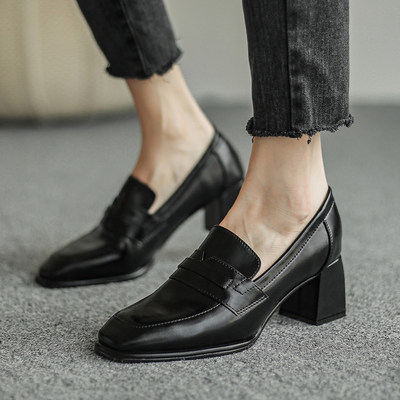 Coarse Heel Single Shoes Woman 2022 Spring Autumn New Style Soft Leather With Lefu Shoes Square Head High Heel Shoes Inglén Small Leather Shoes