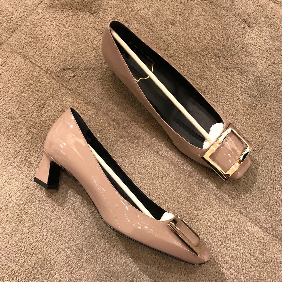 High heel shoe thin heel 2022 new square head square button commute shallow mouth spring and autumn women's shoes fashion coarse heel covered shoes