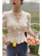 Three-dimensional flower shirt women's summer 2022 new design French retro puff sleeve waist short-sleeved top