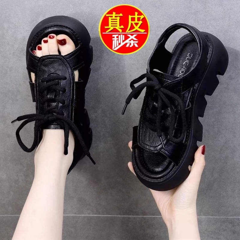 Brand Special Offer Genuine Leather Thick-Soled Sandals for Women 2025 Summer New Fashion Platform Lace-Up Open-Toe Soft-Soled Beach Shoes