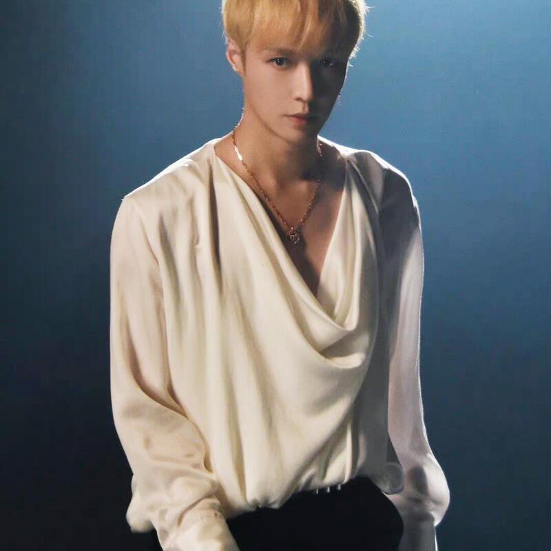 Zhang Yixing Style Satin Shirt for Men and Women, 2026 Spring and Autumn French Style, Loose and Versatile, Drop Collar Long-Sleeve Top