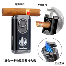 Three-in-one multifunctional cigar lighter with V-cut see-through transom three straight scissors sharp and smooth cigar holder