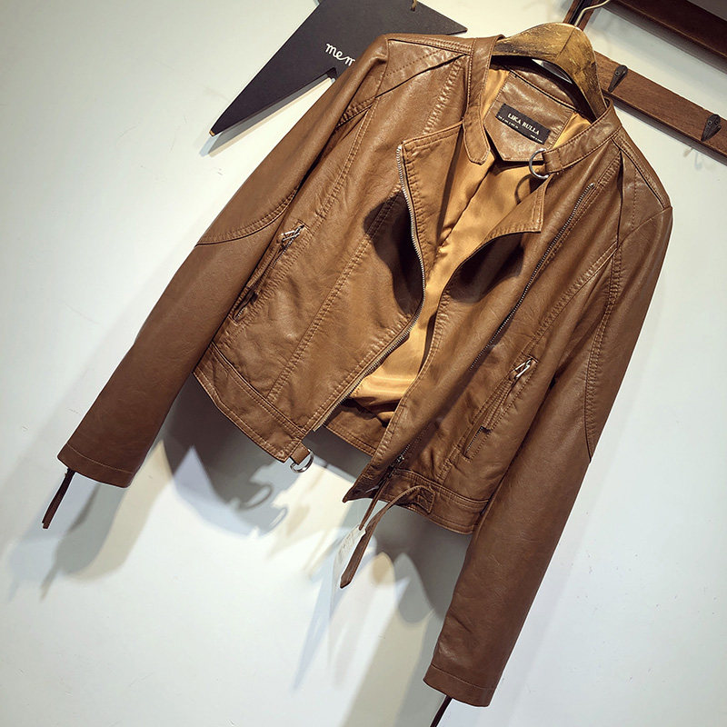 Korean brown small leather jacket short jacket female spring and autumn new thin section slim fashion trend leather motorcycle jacket ins