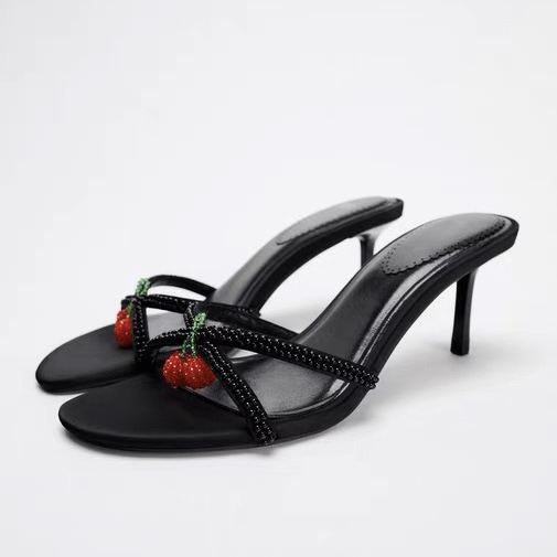 Spanish Foreign Trade New Style Black Rhinestone Pendant High-Heeled Sandals for Outdoor Wear, One-Strap Sexy Slippers