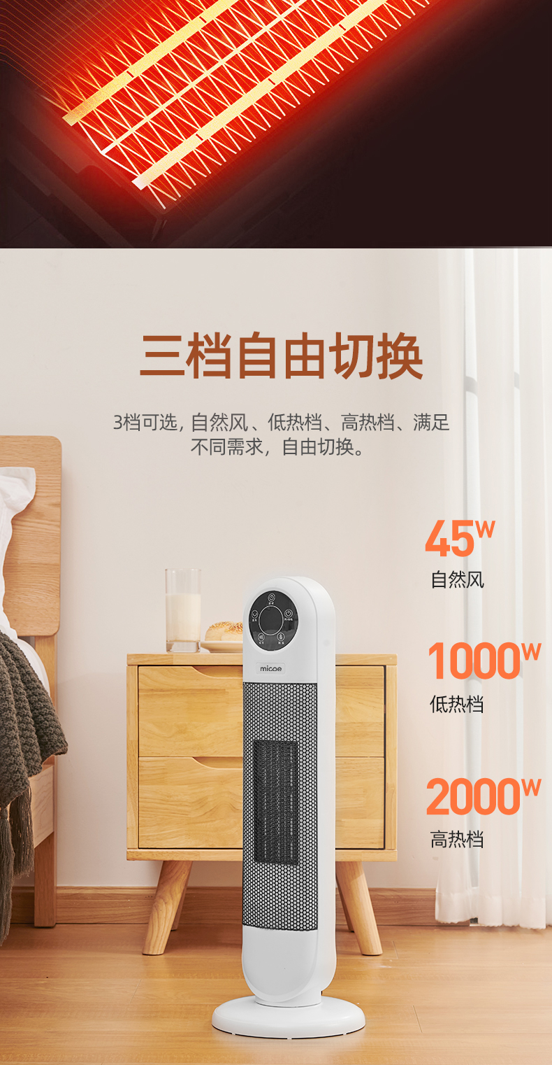 四季沐歌 家用取暖器 暖风机 2000W 图6