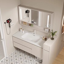 Cream style Corian integrated basin oak bathroom cabinet combination hand wash basin side cabinet customization for sweeping robot