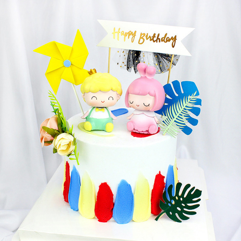 Little Prince Little Princess Cake Decoration Shaking Head Doll Birthday Cake Decoration Children's Doll Dessert Table Plug-in