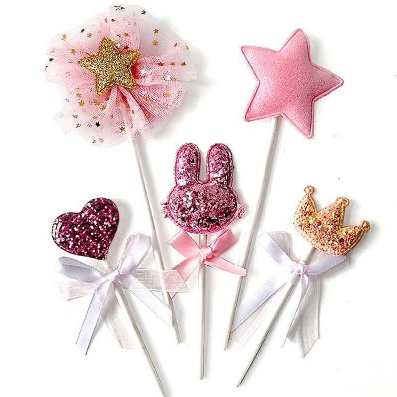 Cake Decoration Cute Bunny Pink Five-Piece Set Crown Heart Pentagram Cake Insert Party Dress Up