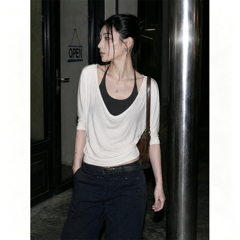 Archivum New Style Two-Piece Halter Neck Camisole T-Shirt for Women, Summer Color-Blocking Off-Shoulder Patchwork Mid-Sleeve Slim-Fit Base Shirt Archivum New Style Two-Piece Halter Neck Camisole T-Shirt for Women, Summer Color-Blocking Off-Shoulder Patchwork Mid-Sleeve Slim-Fit Base Shirt