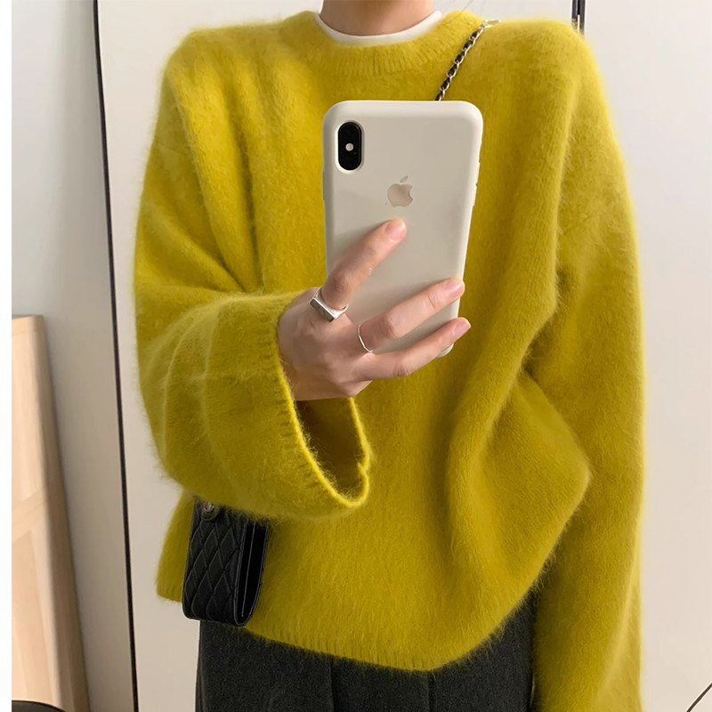Mustard Yellow Mink Velvet Sweater for Women, Autumn and Winter Thickened, Lazy Style, Japanese Retro Loose Raccoon Velvet Knit Top Mustard Yellow Mink Velvet Sweater for Women, Autumn and Winter Thickened, Lazy Style, Japanese Retro Loose Raccoon Velvet Knit Top