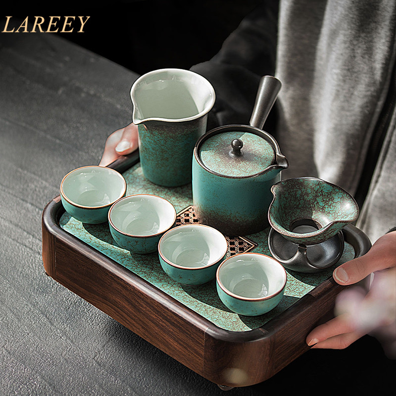 LAREEY Chinese Chinese Zang Hai Blue Glaze Kung Fu Tea Set Group Home Delivery Gift Ceramic Cover Bowl Teapot Tea Cup Wood Tea Tray