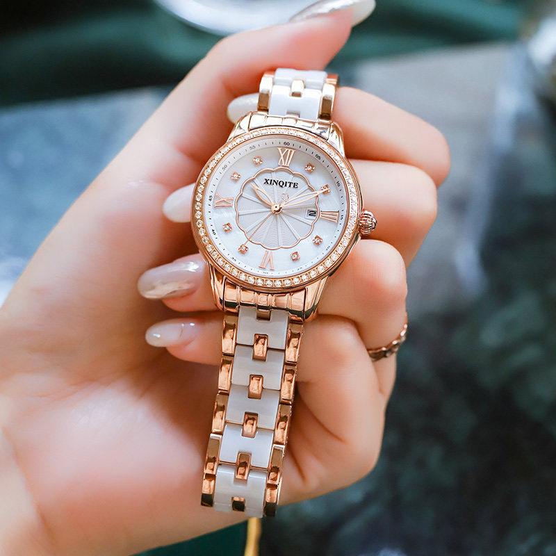 New Fashion Ceramic Ladies Watch Luminous Waterproof Diamond Inlaid Mechanical Watch Swiss Simple Temperament Steel Belt Brand Thin