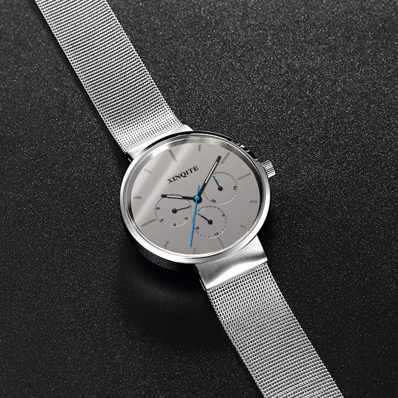 Watch Men's Black Technology Fashion Simple Mesh Belt Stainless Steel Waterproof Gift For Boyfriend Gray Quartz Watch Multifunctional