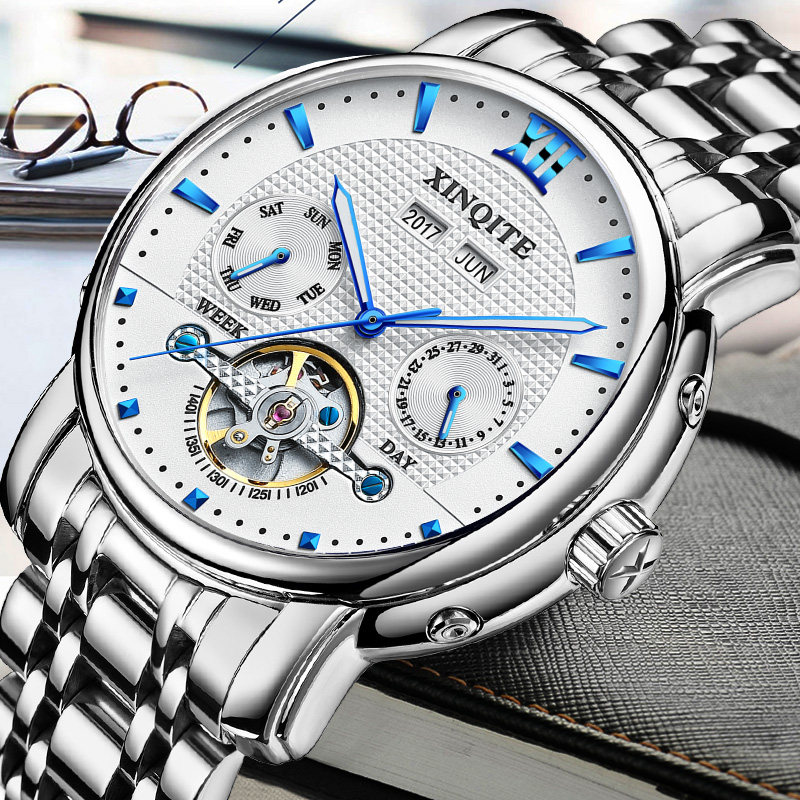 New large dial automatic mechanical watch hollow waterproof watch men's stainless steel luminous tourbillon sports watch