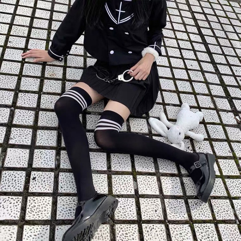 Over Knee Socks & 2 Black And White StripesLeg socks long and tube-shaped Hosiery children Korean version spring and autumn summer Middle cylinder black ins trend black Over the knee jk silk stockings