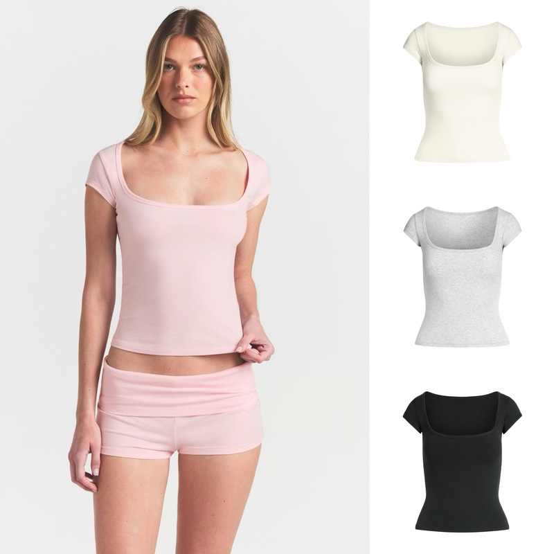 2026 New Color Skims Kardashian Cotton Series French-Style Large U-Neck Versatile T-Shirt Stretch Cotton Short Sleeves